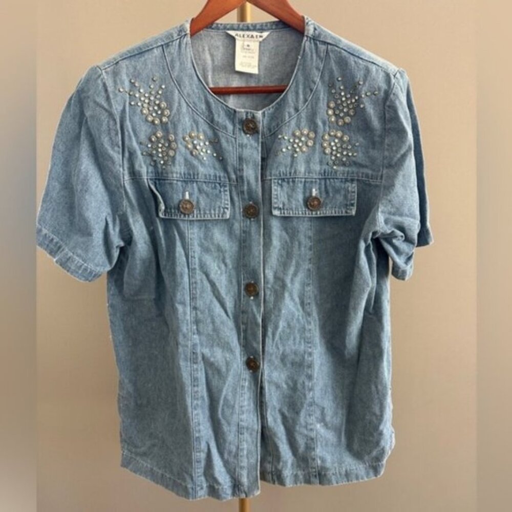 Vintage 80s/90s Western Embellished Denim Shirt Jacket Shir Short Sleeve  Size M